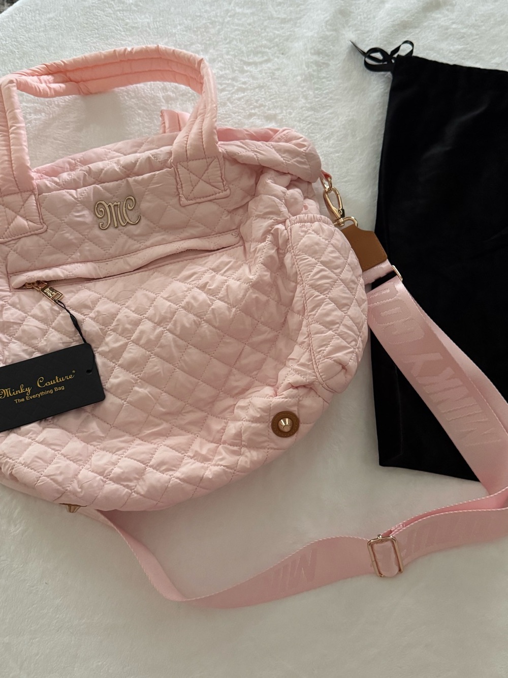 Minky Couture Quilted Pink Tote Bag with Detachable Strap